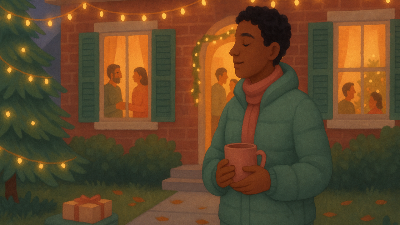 A person stands calmly in the front yard of a warmly lit house, holding a mug and grounding themselves before entering a holiday gathering, while silhouettes of people inside the home talk and celebrate near glowing string lights and a decorated tree.