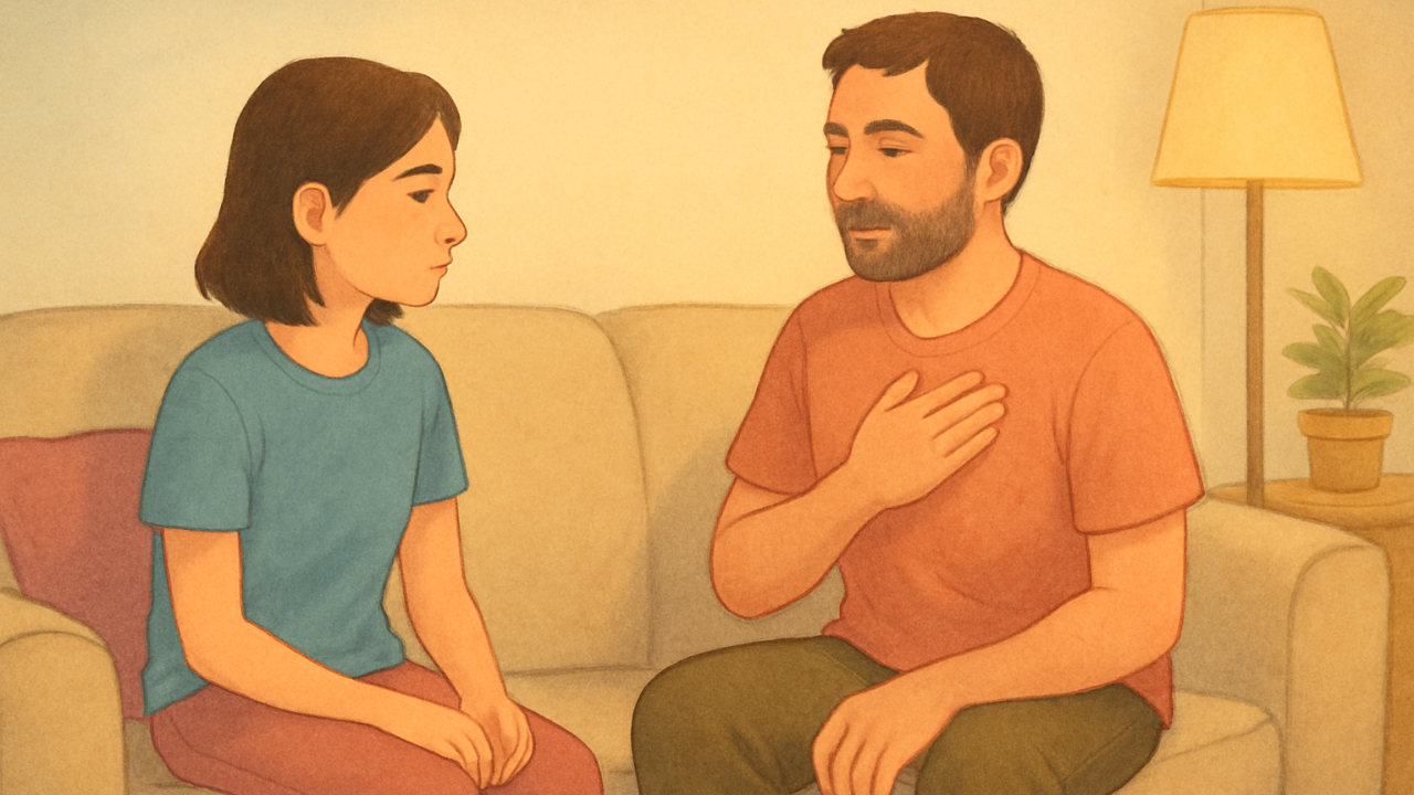Father and teenage daughter sit on a couch slightly turned toward each other in a softly lit living room. The father places one hand on his chest, modeling a calm grounding breath, while the daughter watches with softened posture. A warm lamp and a small plant create a gentle, safe atmosphere.