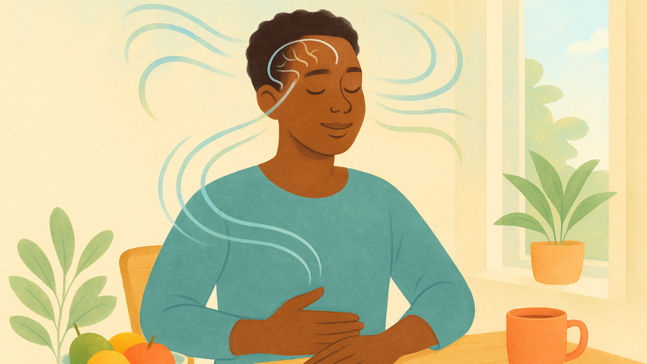 Person feeling calm connection between brain and gut through slow breathing.