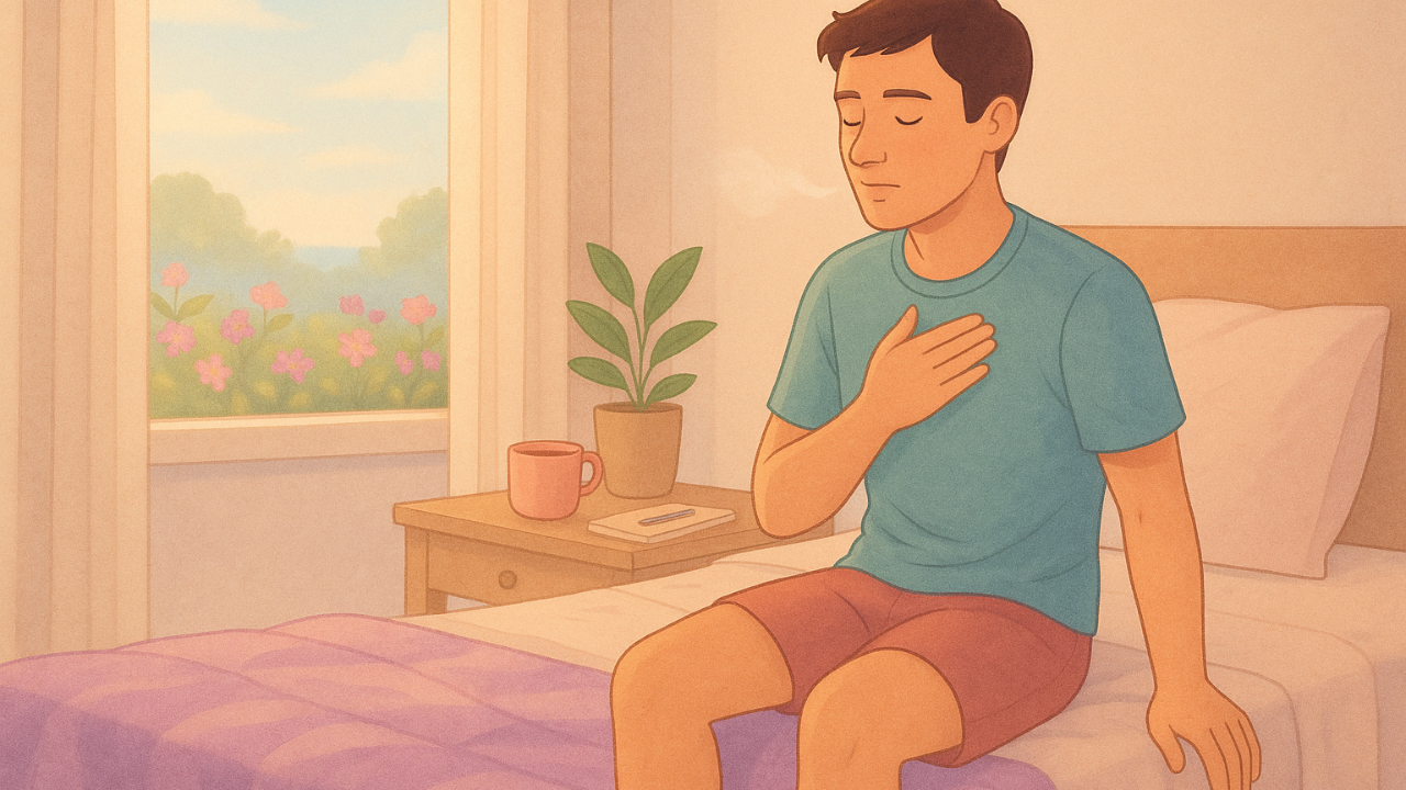 Person sitting on the edge of a bed with feet on the floor and a hand on their chest, gently grounding after a panic attack in a softly lit bedroom.