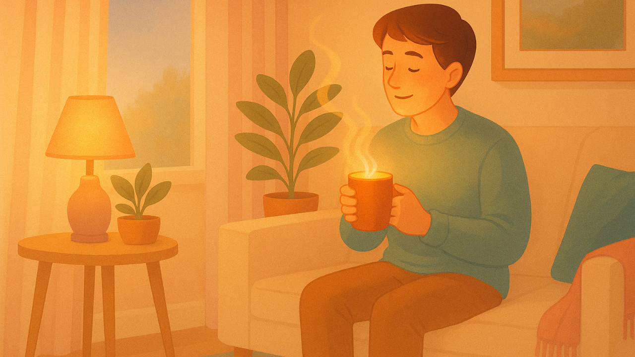 A person sits on a light-colored couch in a softly lit living room, holding a warm steaming mug with both hands and gently closing their eyes, with houseplants, a lamp, and a window glowing in the late-afternoon light.