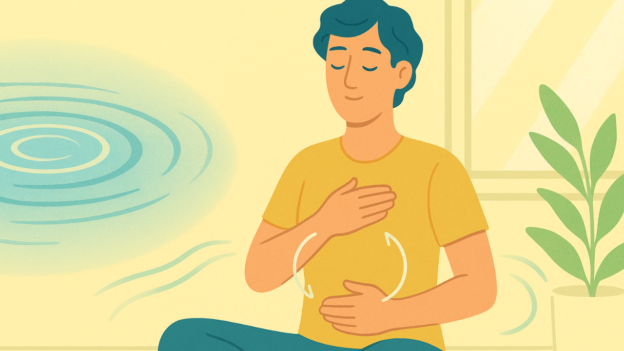 Illustrated person sitting calmly with one hand on their chest and the other on their belly, surrounded by soft water ripples and gentle arrows showing awareness shifting between tension and ease, symbolizing pendulation and nervous system balance.