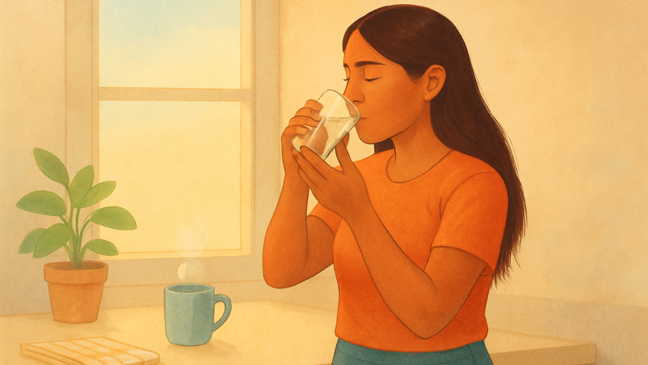 A Native American woman in a softly lit kitchen takes a small morning sip of water, grounding their nervous system.