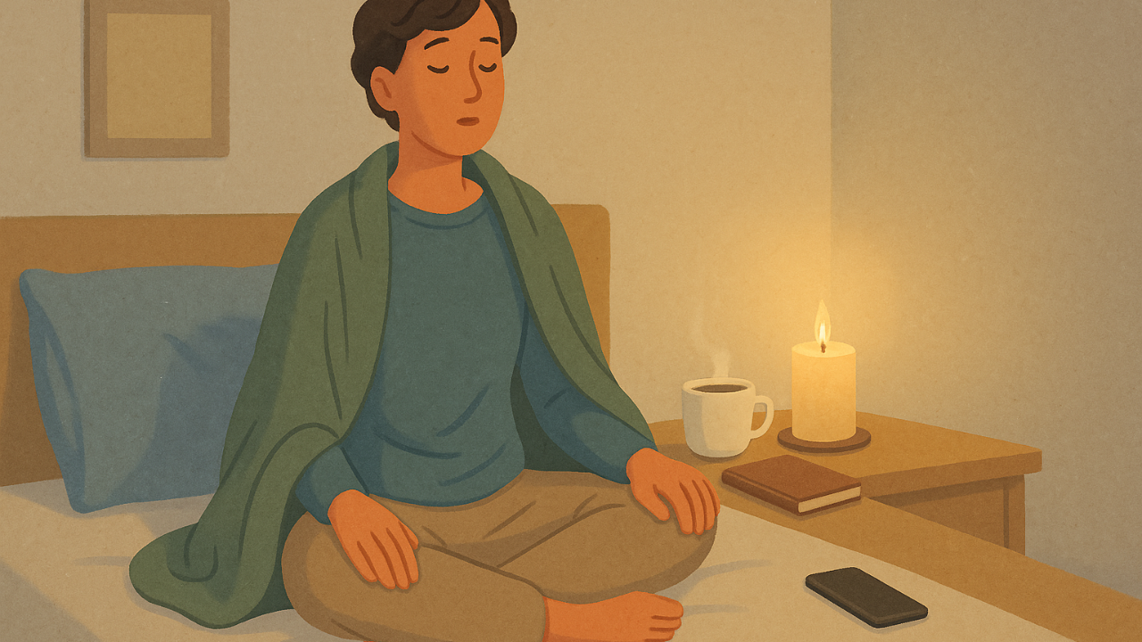 A calm evening scene showing a person breathing deeply on their bed beside a candle and tea, unwinding without screens.