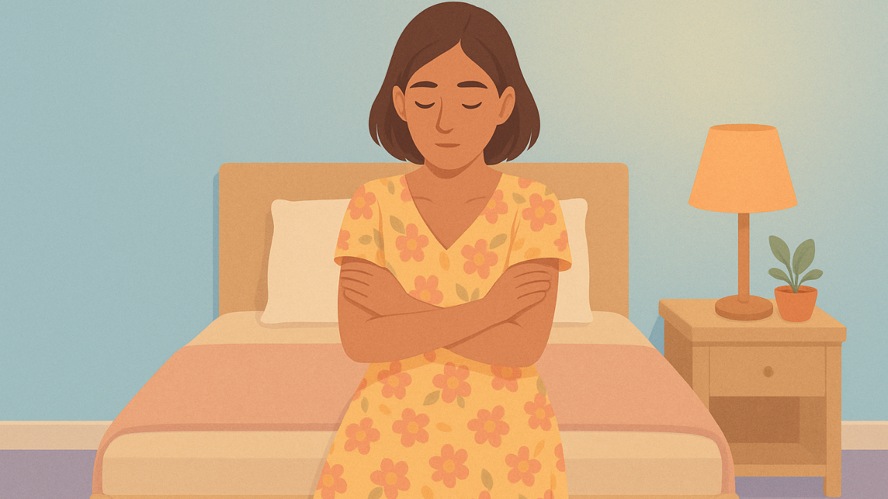 A woman in a floral dress sitting on a bed practicing a gentle self hug, showing calm emotional grounding.