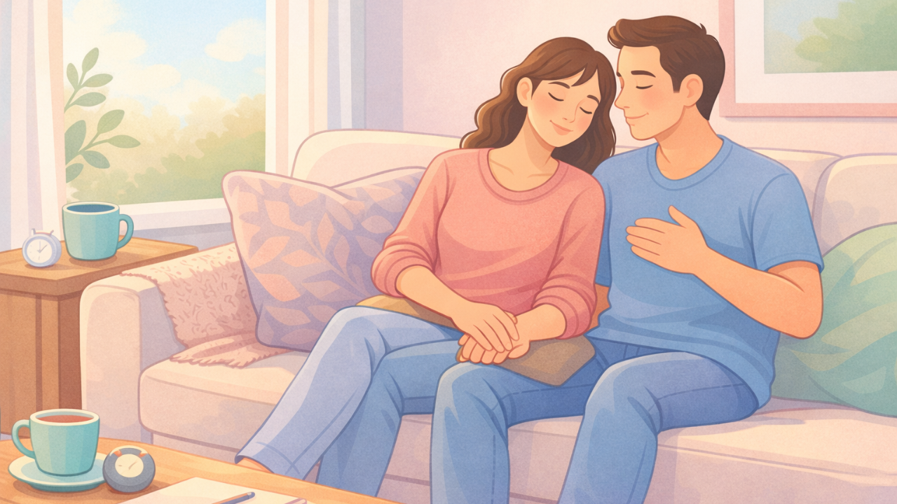 Two partners sit side-by-side on a couch, holding hands softly and breathing slowly in a calm living room.