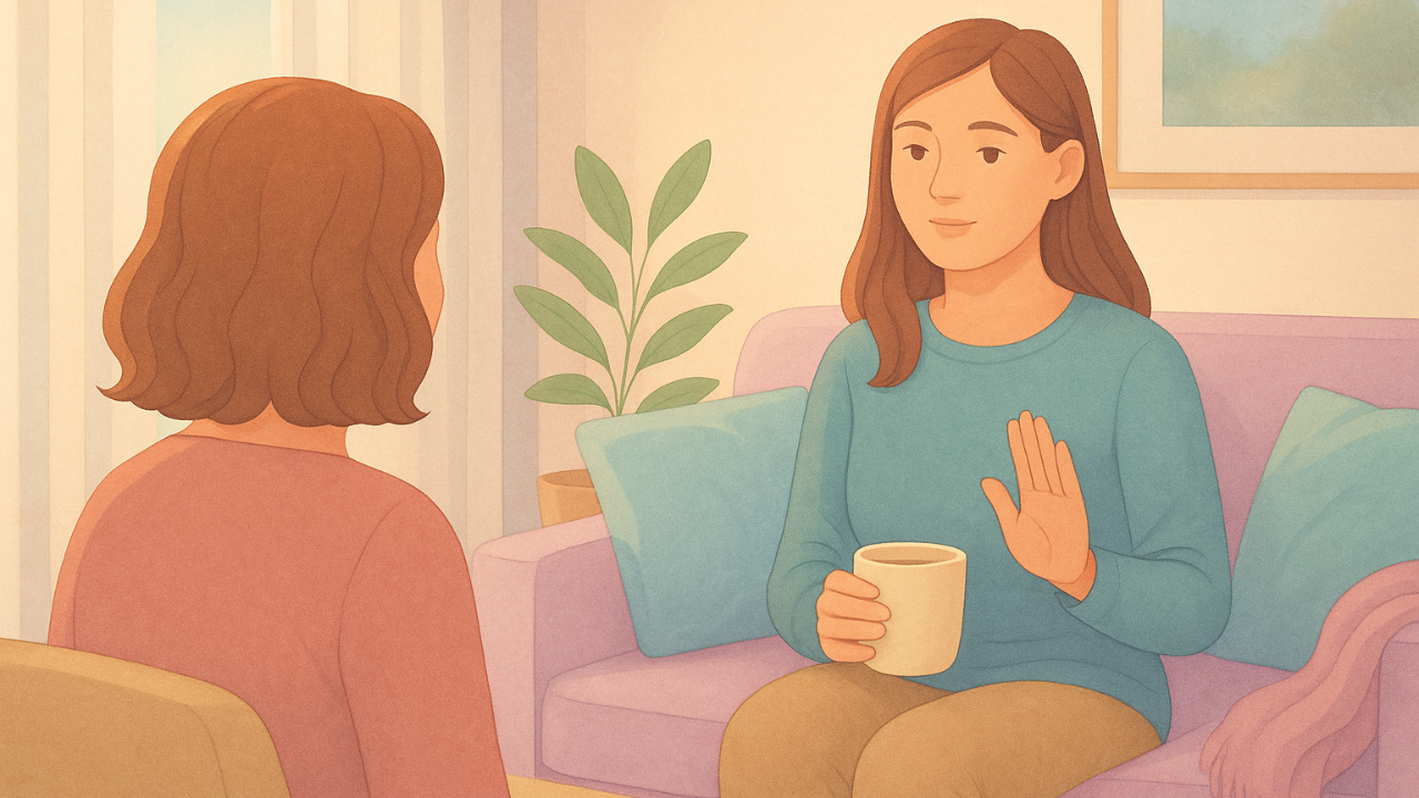 Two people in a living room, one gently saying no while holding a mug, both appearing calm and grounded.