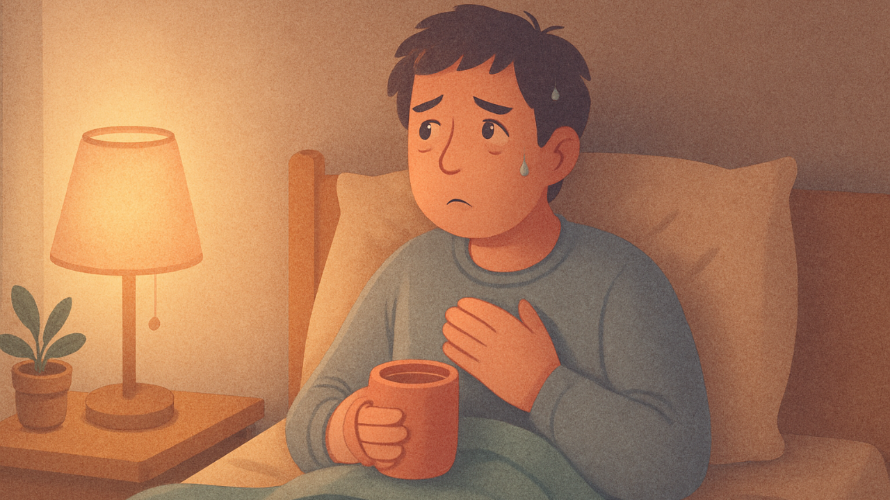 An illustrated person sits up in bed in the early morning after a nightmare, holding a warm mug in one hand and resting the other hand on their chest. They look worried but calm as a soft bedside lamp glows beside them, with a blanket, pillow, and small plant creating a gentle, comforting scene.