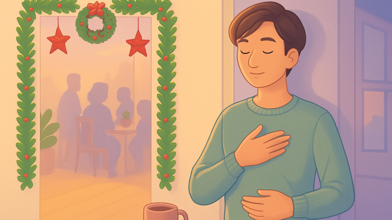 A person pauses at a doorway with holiday decorations during a family gathering, taking a grounding breath with one hand on their chest and one on their belly.