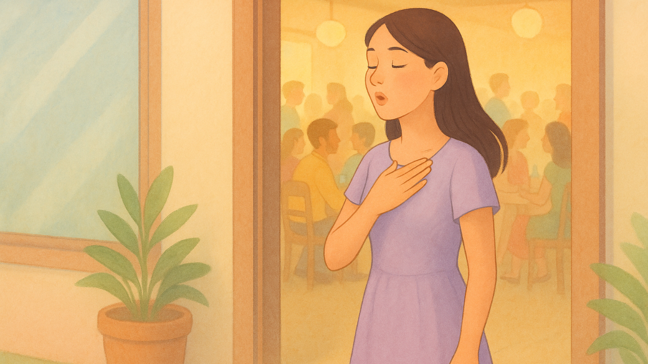 A young woman in a lavender dress stands at the doorway of a lively gathering, taking a slow, steady breath with one hand resting on her chest. Warm light from the party illuminates her as she pauses to regulate her nervous system before entering.