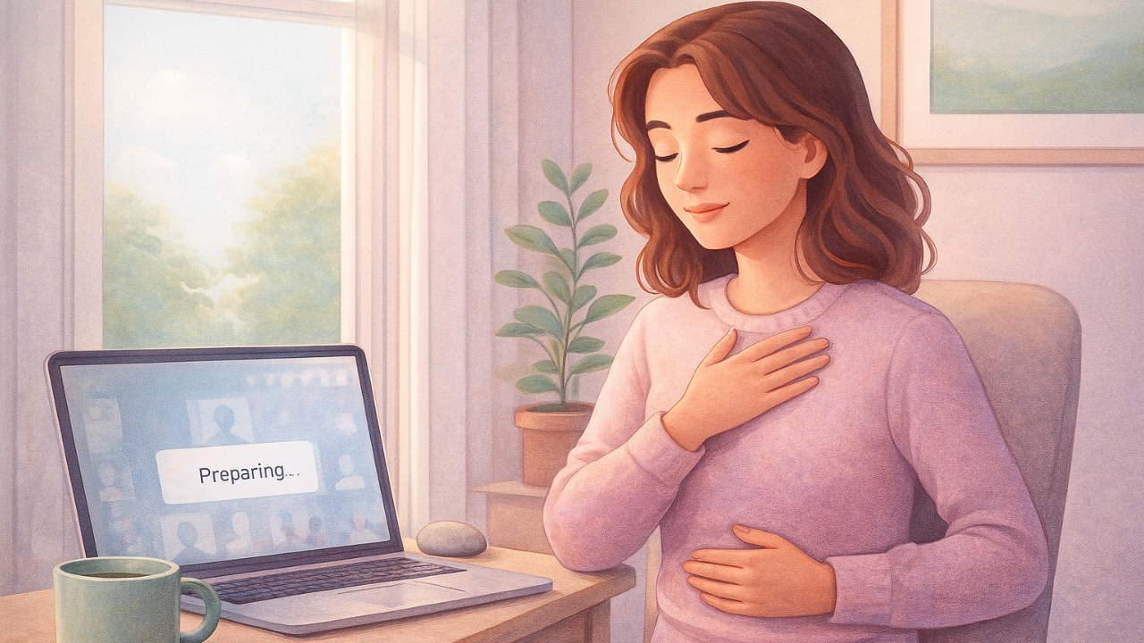 Person grounding with a hand on their chest and another on their belly before joining a Zoom call, sitting in a softly lit home workspace.