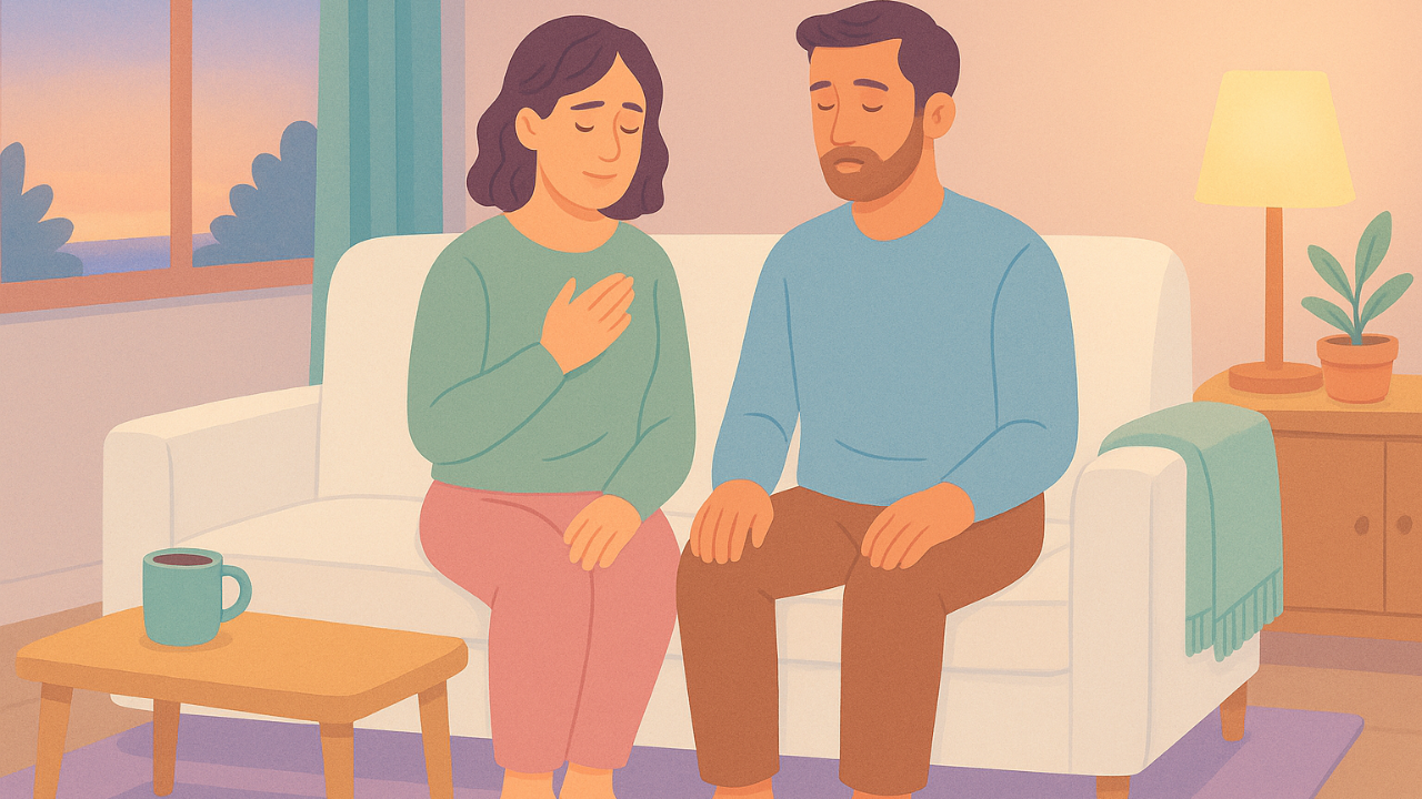 Couple on a couch using gentle nervous system tools to calm their bodies after marriage tension.