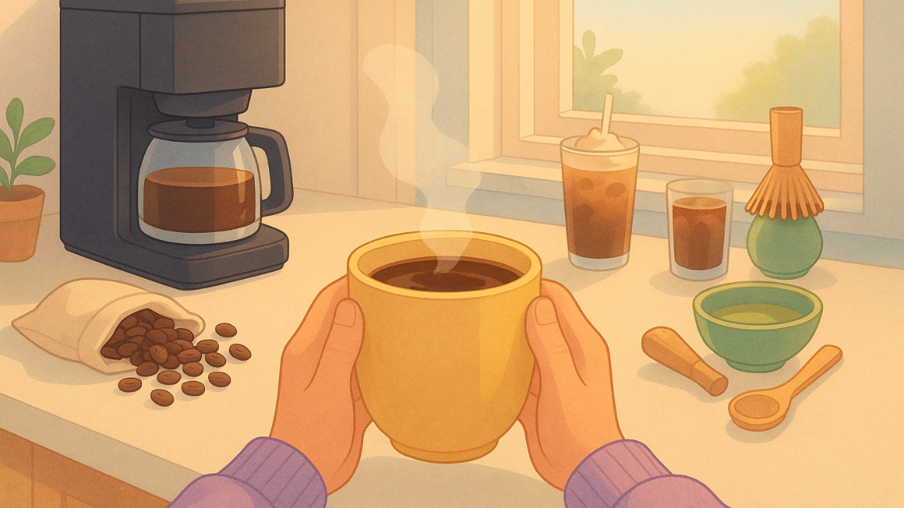 First-person view of someone wearing a lavender sweater holding a warm yellow coffee mug in a bright kitchen, with a coffee maker, a pouch of coffee beans, iced coffee, and a frappuccino on the counter near a sunlit window.