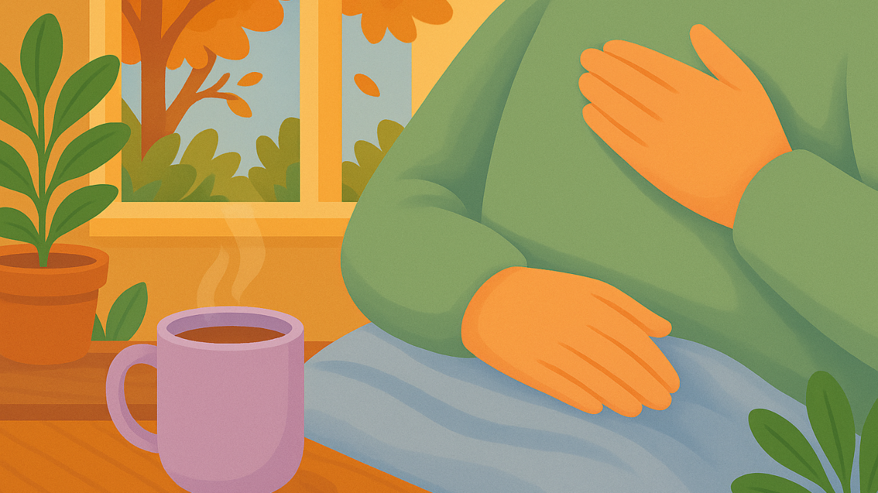 Illustrated person wearing a sweater rests their hands on their chest and stomach while sitting by a window on an autumn day. A steaming mug sits on a wooden table beside a cozy blanket, with warm sunlight and golden trees outside.