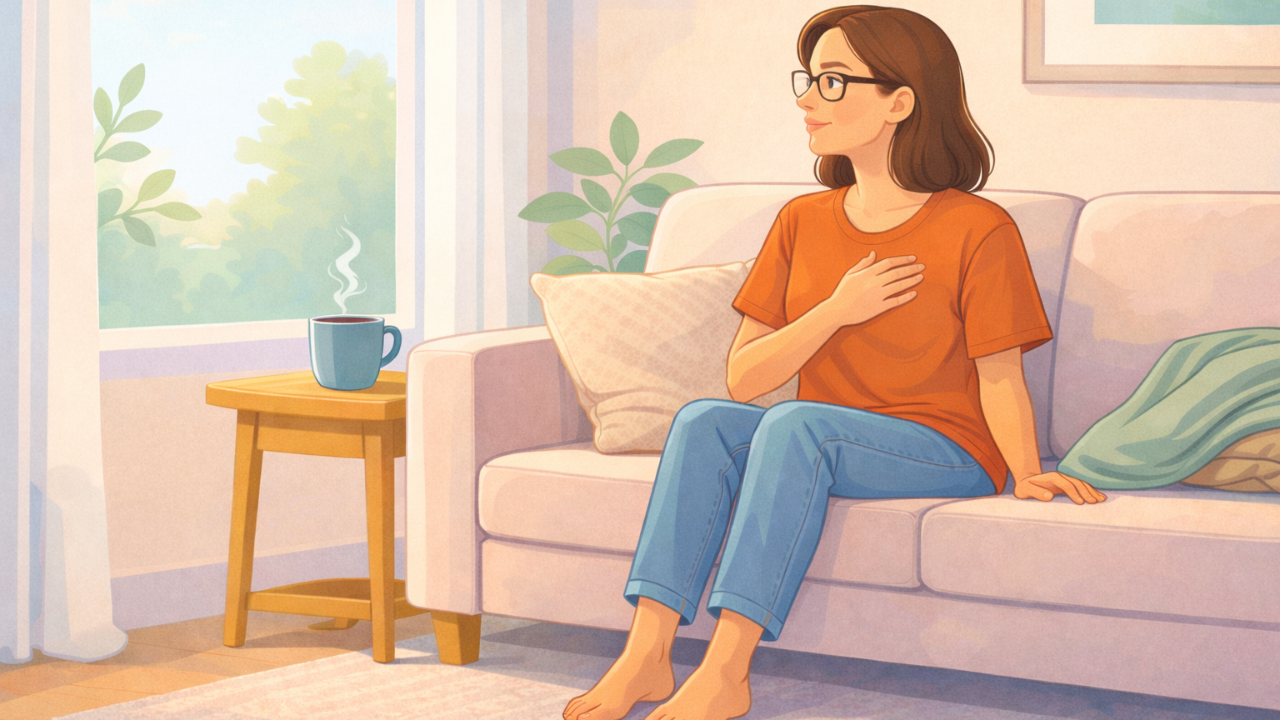A person wearing glasses sits on a couch in soft afternoon light, one hand resting on their ribs and feet grounded on the floor as they gently reorient to the room.