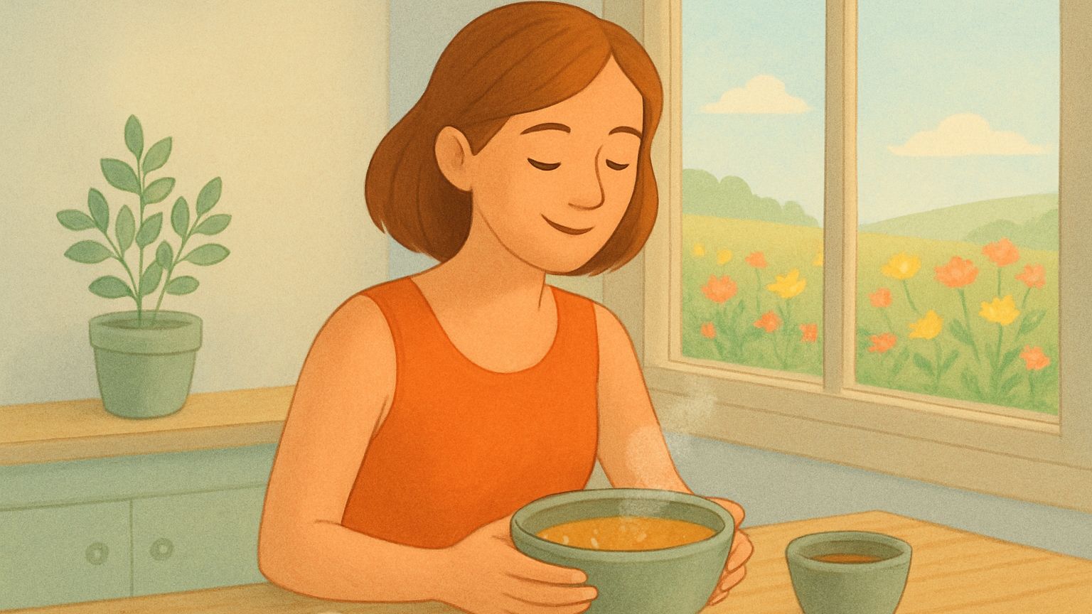 An illustrated woman sitting at a sunlit table, pausing with a warm bowl of soup, embodying safety and calm before eating.