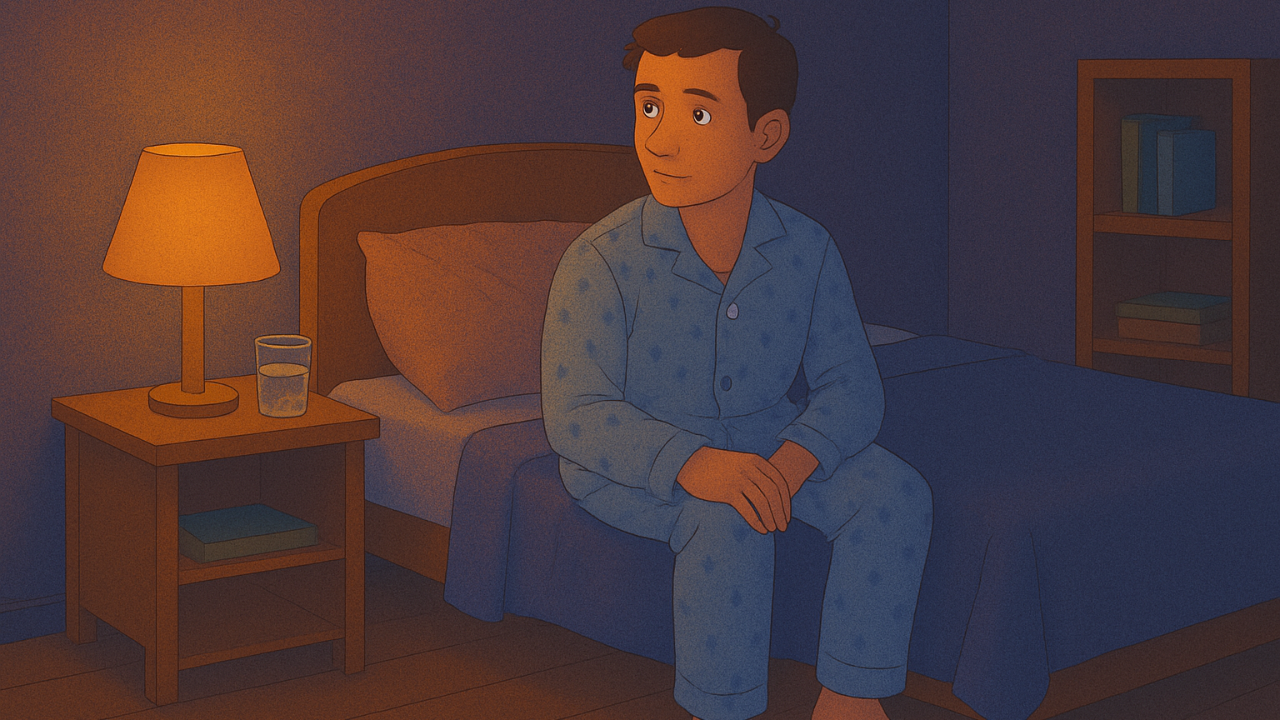 A man in light blue star-patterned pajamas sits on the edge of his bed in a dim, warmly lit bedroom at night, looking calmly to the side as he orients to the room. A soft orange lamp glows on the nightstand beside him.