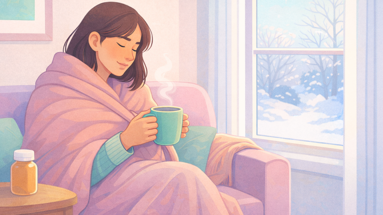 A woman wrapped in a blanket sits on a couch holding a warm mug beside a winter window, with a small vitamin D bottle on a side table in soft morning light.