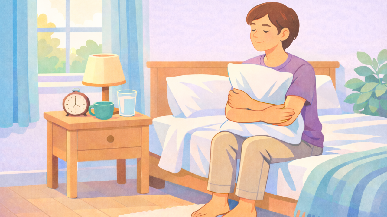 A person sits on the edge of the bed hugging a pillow and feeling their feet on the floor in soft morning light after an anxiety dream.