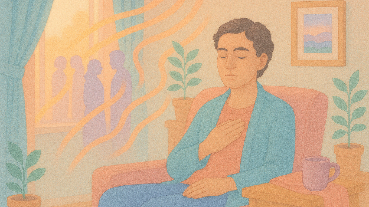 A young adult sits calmly in a living room, eyes closed and one hand resting on their chest in a grounding gesture. Soft afternoon light filters through a window, casting gentle shadows while faint, abstract silhouettes appear outside. The room includes plants, a framed landscape, and a mug on a side table, creating a serene, comforting atmosphere.