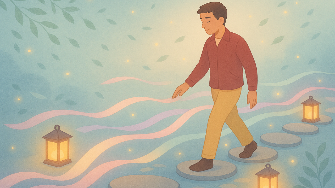 A man walks slowly along a curved path of round stepping stones, gently touching one of the floating pastel ribbons beside him. Soft lanterns glow along the path as leaves and warm light drift through a calm, dreamlike landscape.
