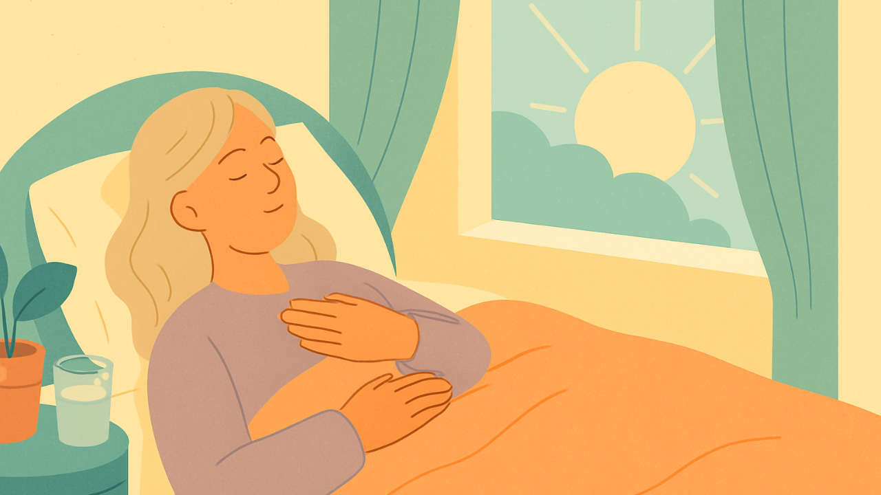 Illustrated person lying peacefully in bed at sunrise with one hand on their heart and the other on their belly, practicing a gentle grounding exercise as sunlight fills the room.
