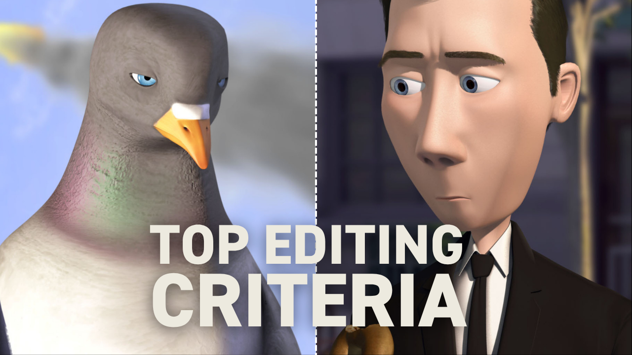 A pigeon looking at a spy with the words Top Editing Criteria below.