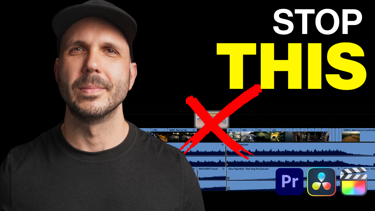 Pro video editor in front of an editing timeline with text STOP THIS