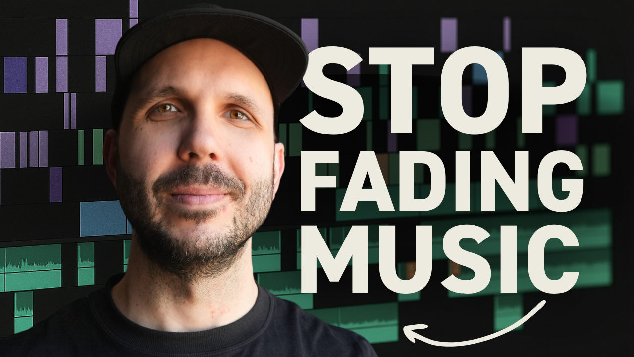 Professional video editor changing music tracks mid-scene using sound effect interruption technique in editing software timeline