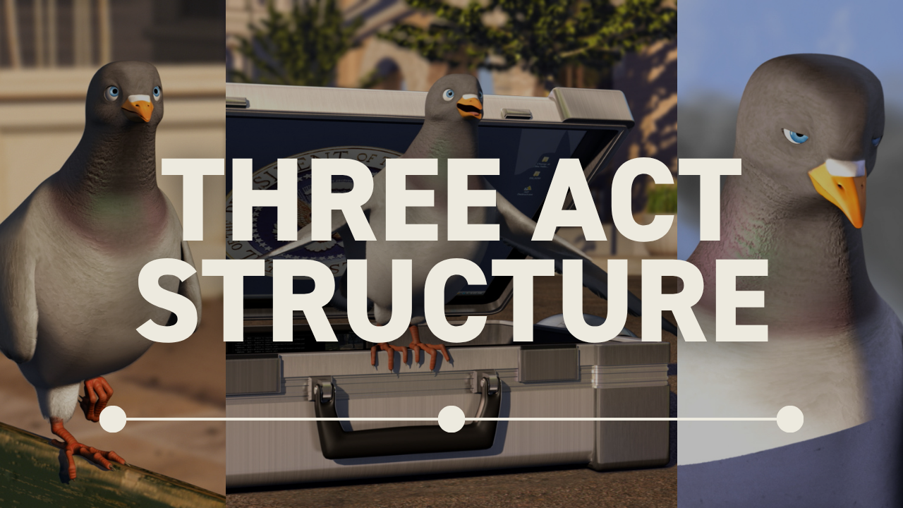 Three different expressions of an animated pigeon and a line indicating three act story structure.