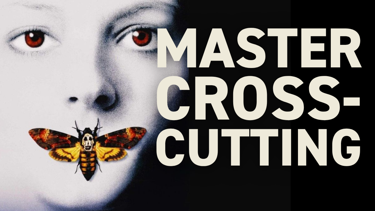 Video editor practicing cross-cutting technique with parallel scenes on editing timeline