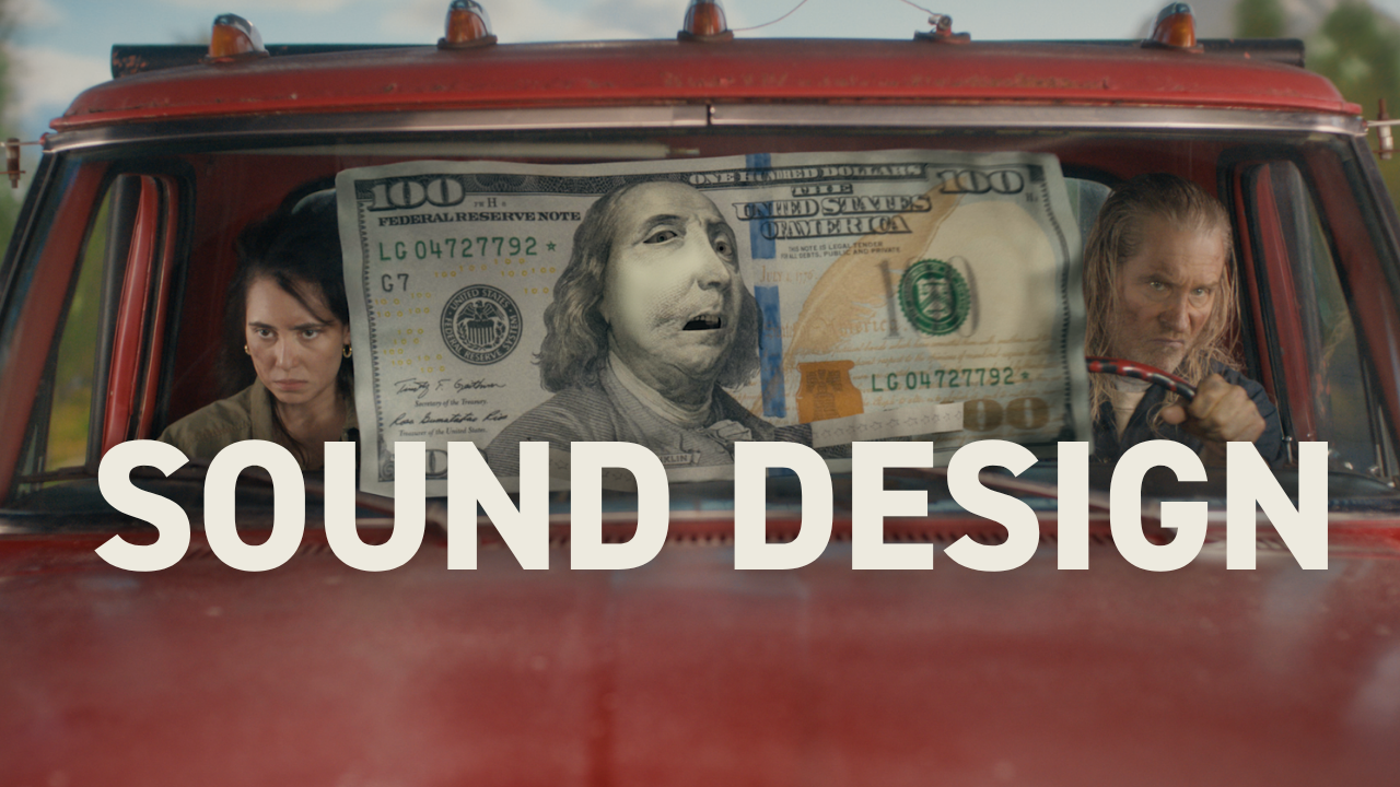 A frame from an editing timeline with a $100 bill slammed against a truck windshield.