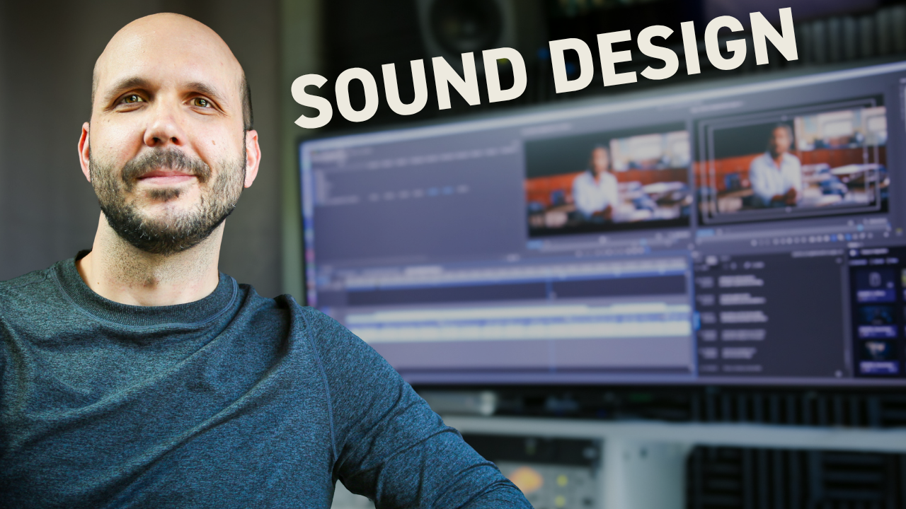 Professional video editor sound designing a motorcycle commercial scene with multiple audio tracks and sound effects in editing software