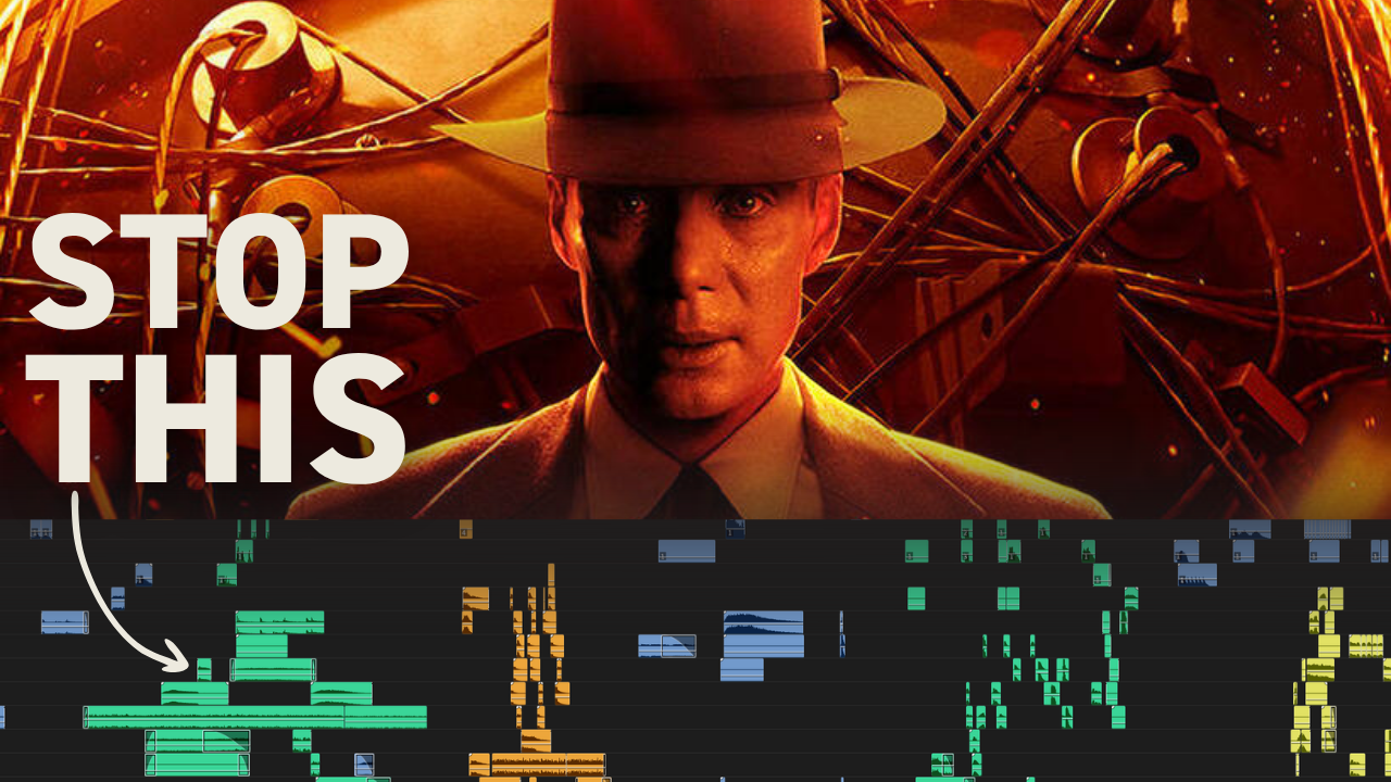 Professional video editor working on sound design in editing timeline with waveforms and audio tracks visible