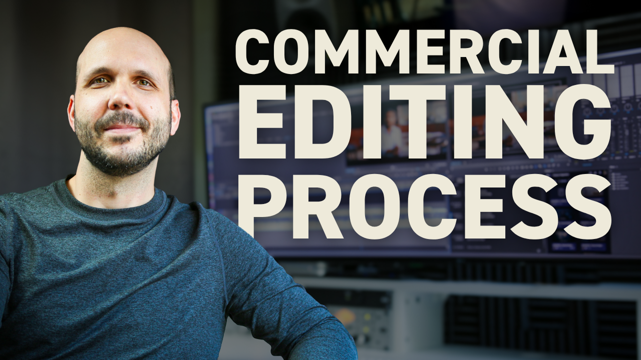 Professional video editor timeline showing commercial editing workflow with multiple tracks and J-cuts in editing software