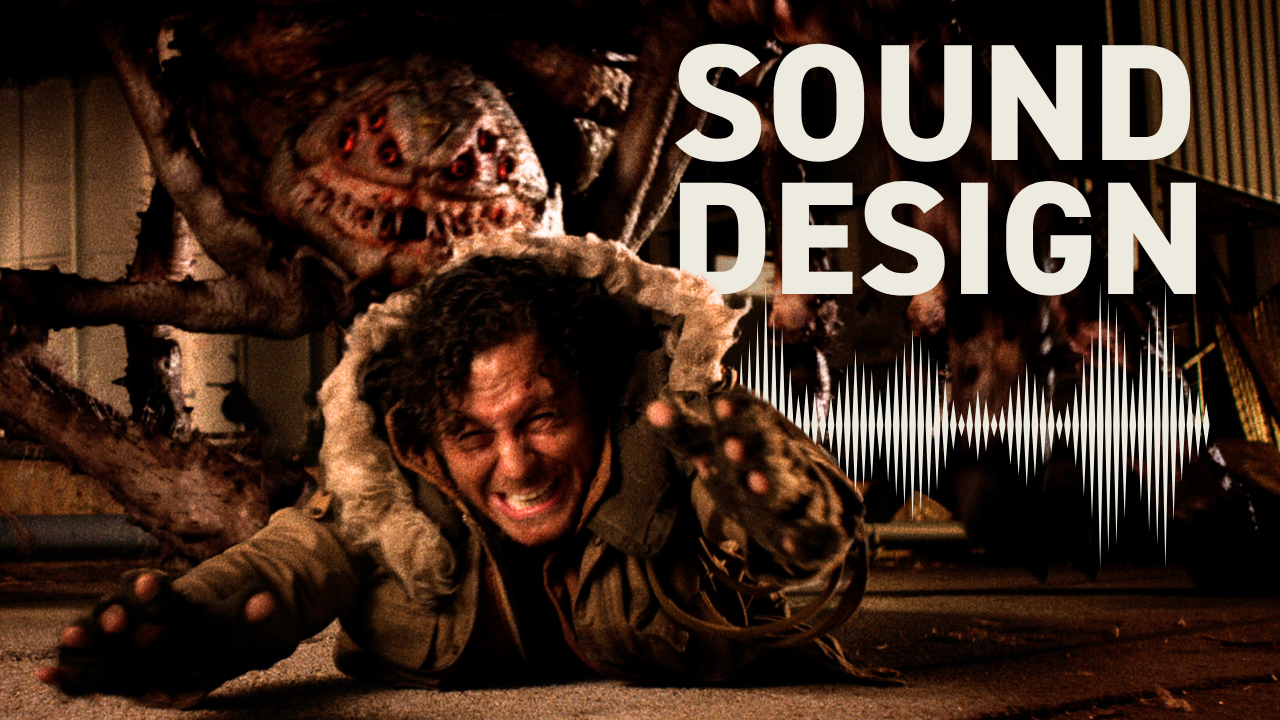 Man is dragged by a giant spider monster with text SOUND DESIGN