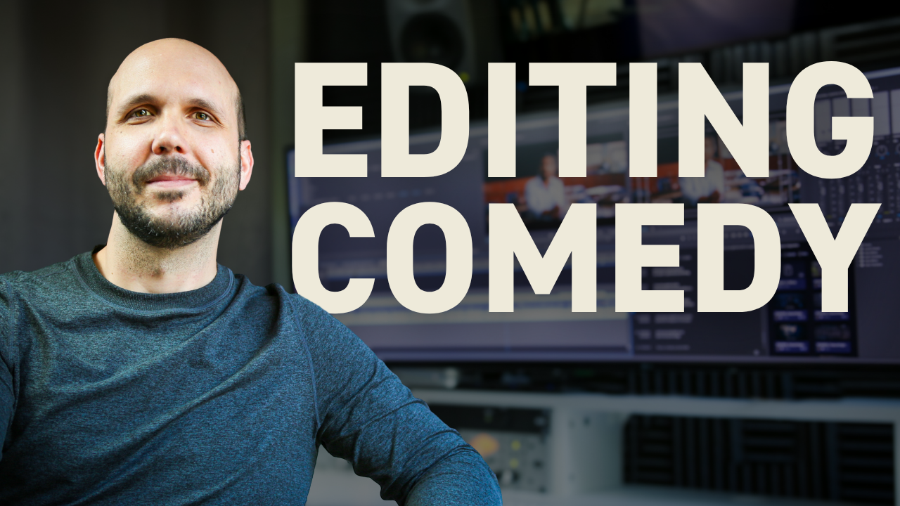 Professional video editor cutting comedy commercial with tight timing and reaction shots in editing suite