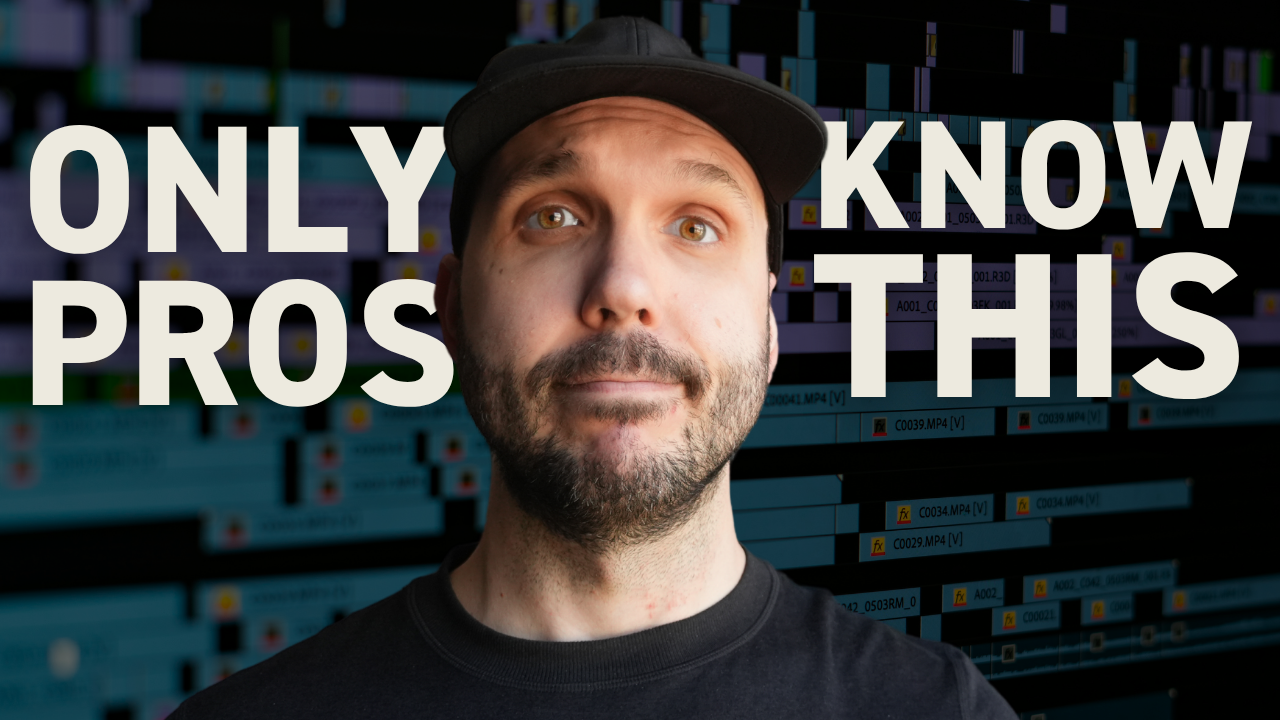 Professional video editor working on timeline with split screen technique and audio waveforms visible