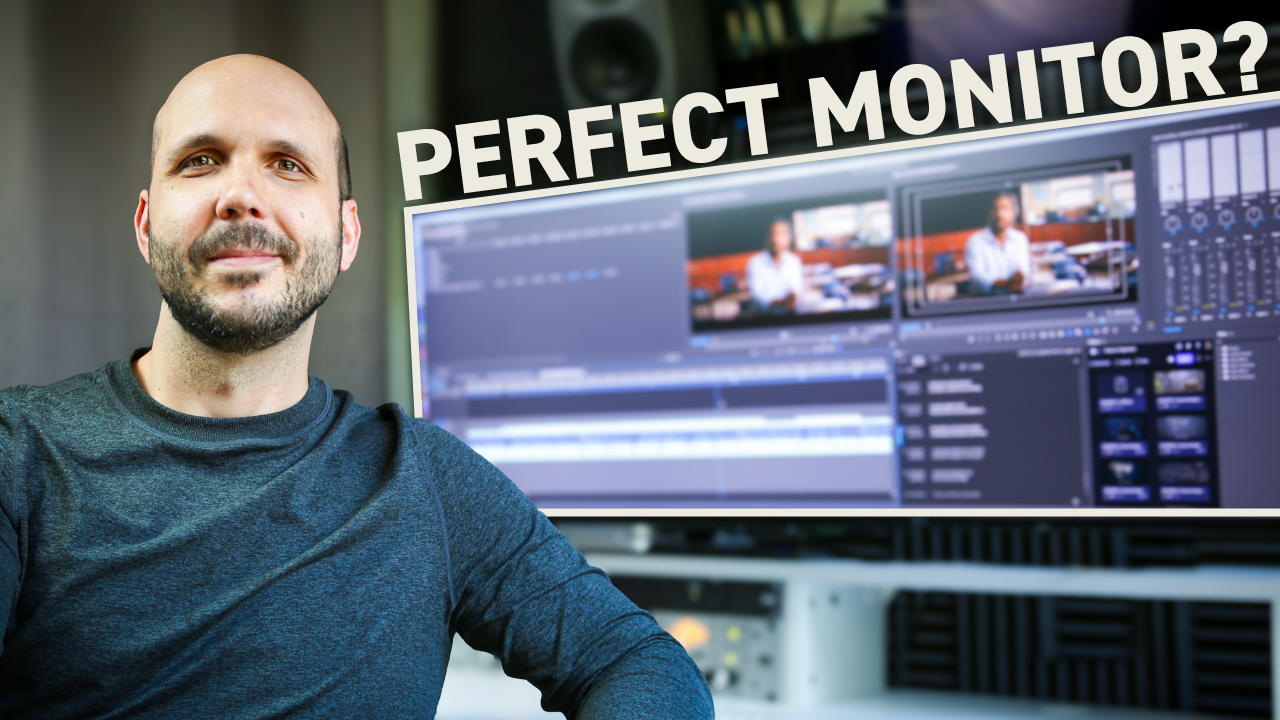 LG 49-inch ultrawide monitor setup on professional video editing desk with multiple applications open