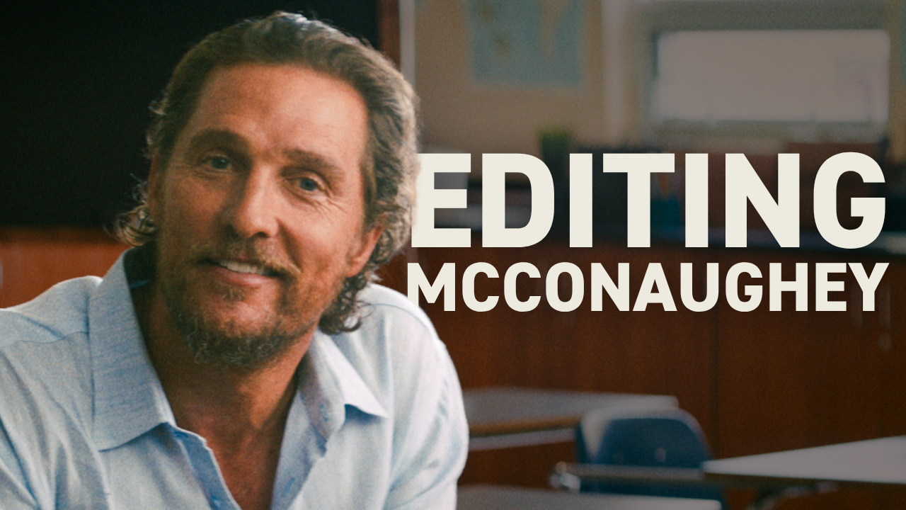 Matthew McConaughey sits in a classroom next to text EDITING MCCONAUGHEY