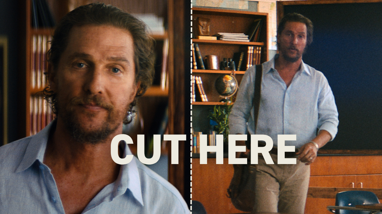 A close up and medium shot of Matthew McConaughey with text CUT HERE.