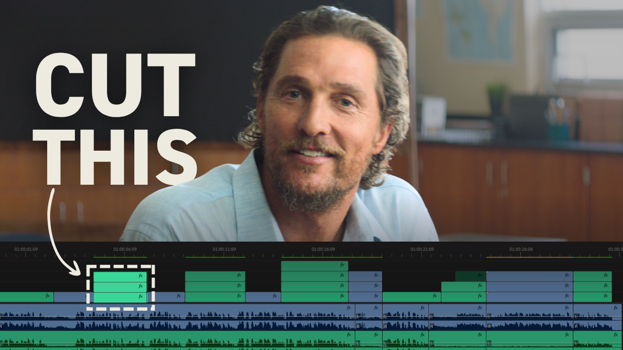 Professional video editor reviewing showreel clips on multiple monitors in editing suite