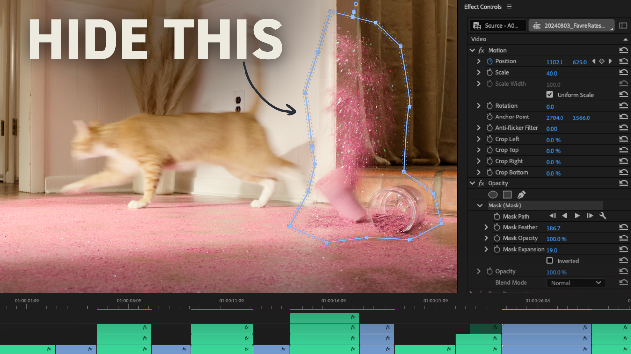 Professional video editor workspace showing masking technique in Premiere Pro timeline