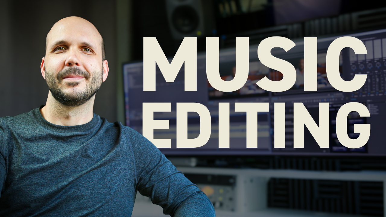Pro video editor sitting in front of edit suite with text MUSIC EDITING.