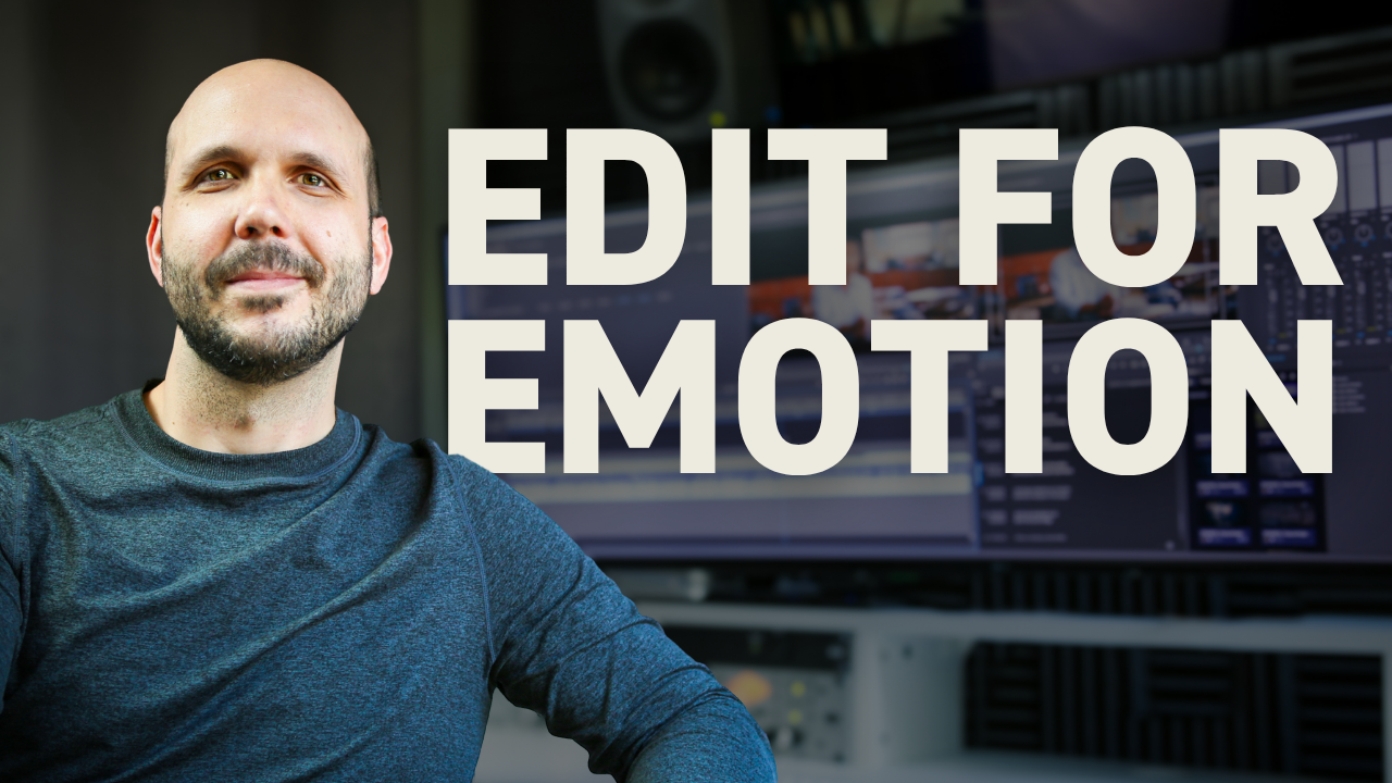Pro video editors sits in front of edit suite with text EDIT FOR EMOTION