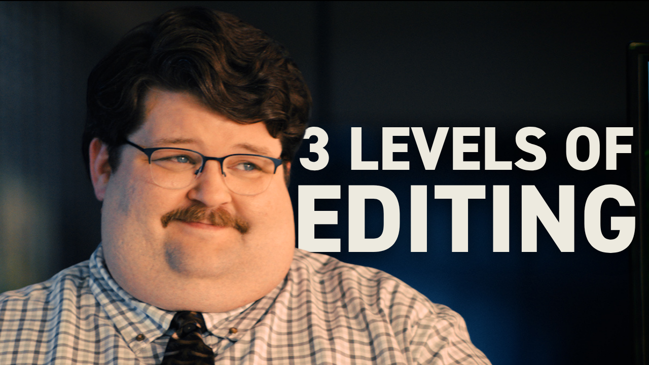 Man looks to the right next to text 3 LEVELS OF EDITING