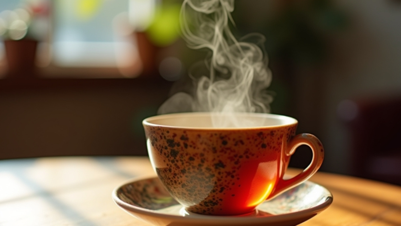 A steaming cup of coffee on a table in morning light