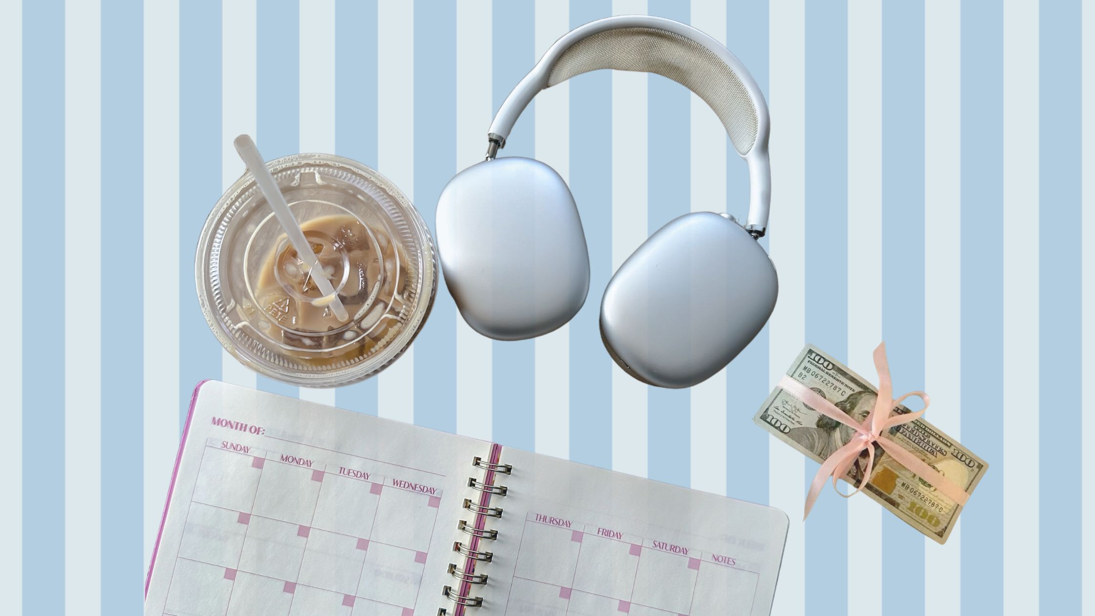 money, notion planner, headphojes, iced coffee, content creator aesthetic, vitaminc ugc academy, ugc course