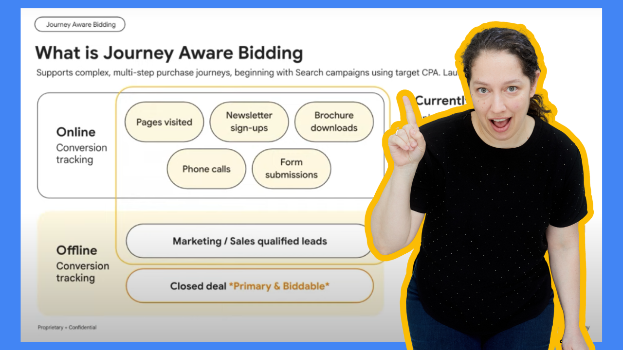 Jyll Saskin Gales pointing to a slide about journey aware bidding