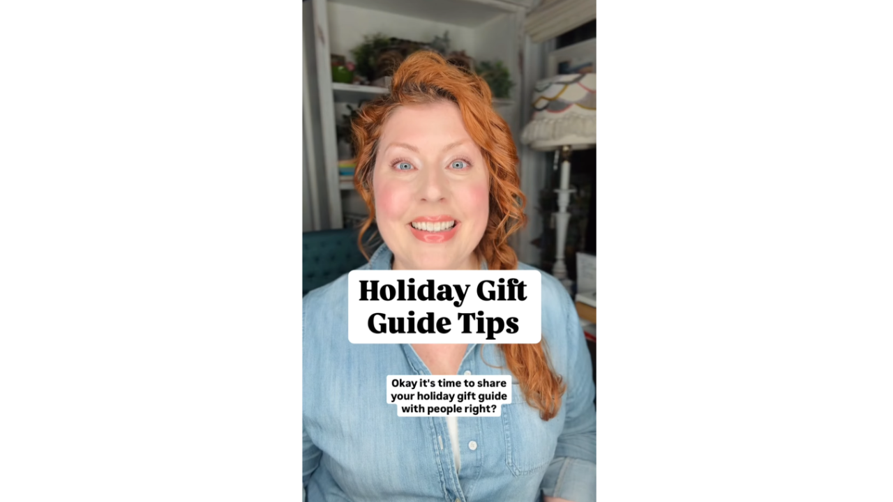 redheaded woman in denim shirt, TEXT Holiday Gift Guide Tips